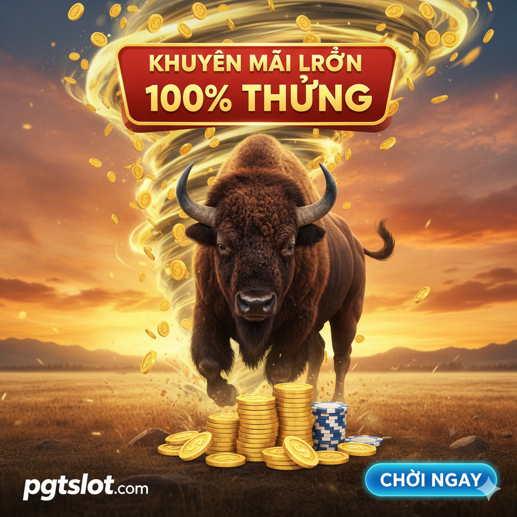 Hình ảnh quảng cáo làm nổi bật lợi ích khi chơi tại pgtslot.com. Trung tâm là một biểu ngữ lớn với dòng chữ 'Khuyến Mãi Lớn 100% Bonus' hoặc 'Link Chơi Mới Nhất'. Bên cạnh là hình ảnh một đống tiền vàng hoặc chip casino chất cao. Góc dưới là logo 'pgtslot.com' rõ ràng và một nút CTA (Call-to-Action) ảo 'CHƠI NGAY' hoặc 'TẢI APP' màu xanh/đỏ rực rỡ, nhấn mạnh vào sự uy tín và ưu đãi độc quyền của nhà cái.