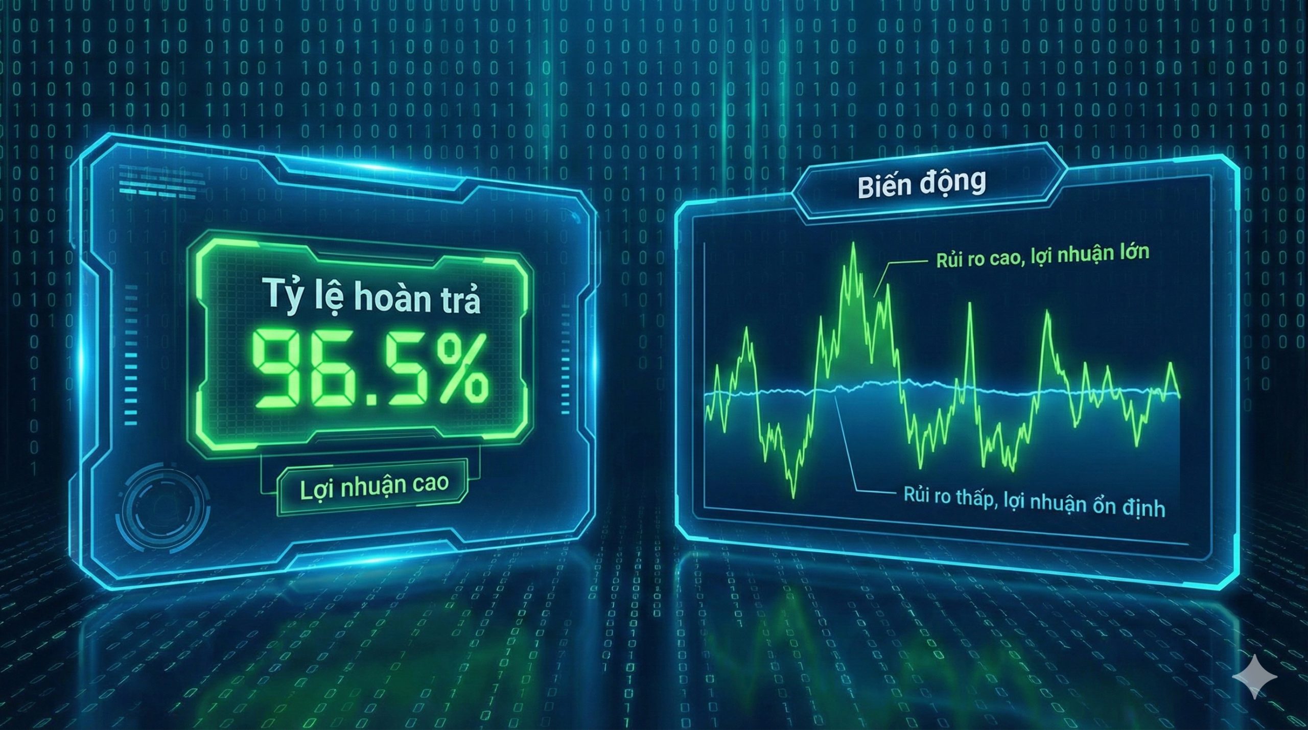 展示Slot游戏核心机制的科技感图片。画面左侧是一个发光的全息仪表盘，显示着'RTP 96.5%'的绿色高亮数值，象征高回报率。右侧展示波动性（Volatility）的对比图表，用波形图表示'高风险高回报'与'低风险稳定回报'的区别。背景是数字矩阵流，暗示pgtslot.com基于公平的RNG算法。色彩以科技蓝和霓虹绿为主，风格专业、透明，旨在建立用户对平台公正性的信任。