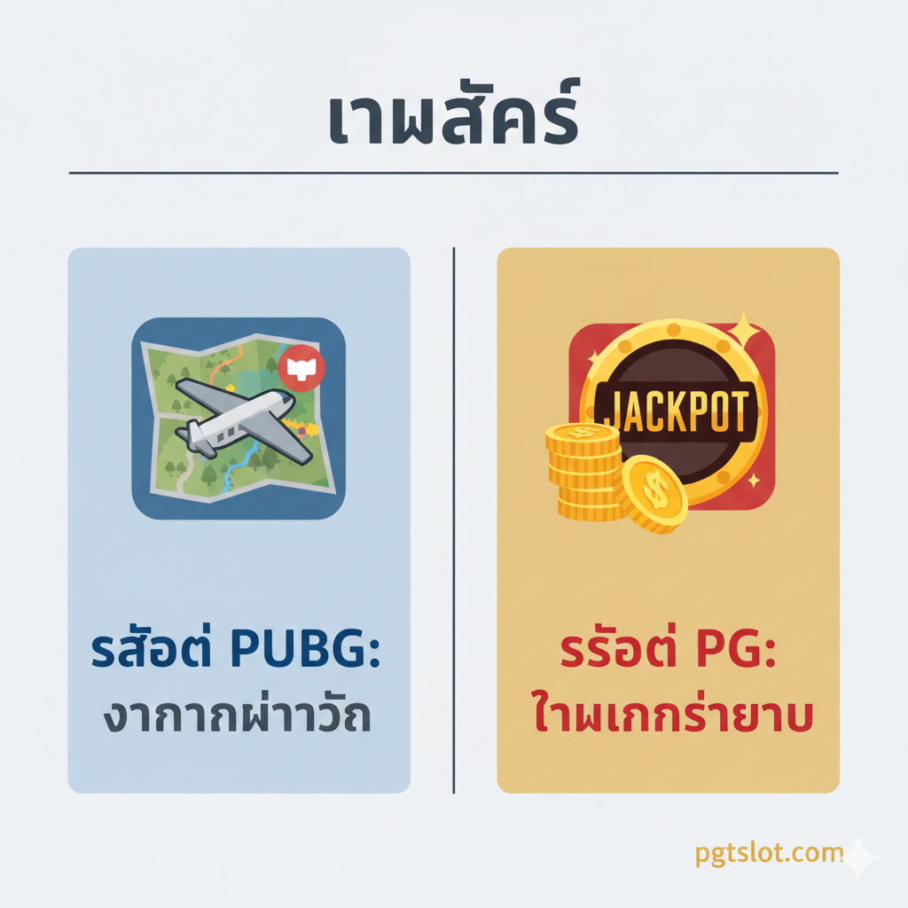 ภาพเชิง 'แนะนำ/ไขข้อสงสัย' ที่เปรียบเทียบความแตกต่างระหว่าง 'สล็อต PUBG' และ 'สล็อต PG' อย่างชัดเจน ใช้การออกแบบที่ดูสะอาดตา แบ่งเป็น 2 คอลัมน์โดยใช้เส้นแบ่งแนวตั้ง ด้านซ้ายเป็นไอคอนรูปแผนที่และเครื่องบินของ PUBG พร้อมข้อความ 'PUBG Slot: จัดการแข่งขัน' ในโทนสีฟ้า/เทา ด้านขวาเป็นไอคอนรูปเหรียญทองหรือเครื่องหมายแจ็กพอตพร้อมข้อความ 'PG Slot: ทำเงินรางวัล' ในโทนสีทอง/แดง ภาพควรเน้นให้เห็นคำว่า pgtslot.com เล็กน้อยในส่วนของ PG Slot เพื่อเน้นย้ำเว็บไซต์หลักของบทความ