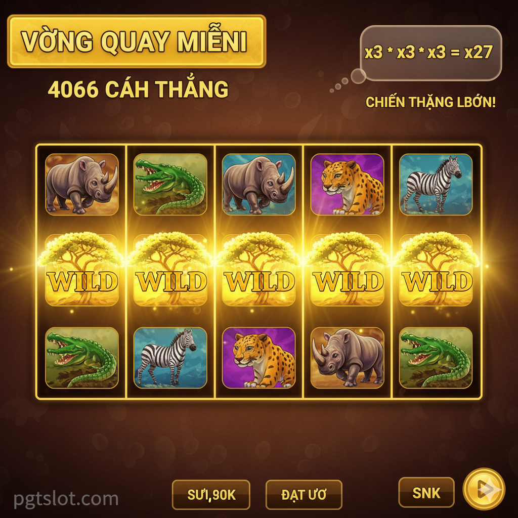 Hình ảnh minh họa tính năng Free Spins và 4096 cách thắng. Trọng tâm là một cảnh quay trong trò chơi với các cuộn quay hiển thị rõ ràng, đặc biệt làm nổi bật 4 biểu tượng Wild (Cây Keo) xuất hiện trên các cuộn 2, 3, 4, 5. Bên cạnh đó là một bong bóng hoặc hộp thoại hiển thị phép nhân hệ số 'x3 * x3 * x3 = x27' để trực quan hóa sức mạnh của Wild Multipliers. Màu sắc tươi sáng, sử dụng ánh sáng vàng rực rỡ để biểu thị 'Big Win' hoặc 'Jackpot'.
