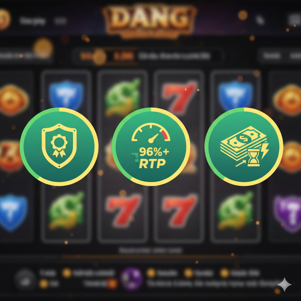 Một hình ảnh về lợi thế/giải pháp, làm nổi bật các đặc điểm của trò chơi máy đánh bạc trực tuyến hợp pháp và an toàn. Hình ảnh nên làm nổi bật 'RTP cao' và 'Chứng nhận chính thức'. Các yếu tố chính là ba huy hiệu hoặc biểu tượng hình tròn: một là biểu tượng 'Giấy phép' hoặc 'Chứng nhận' (ví dụ: một chiếc khiên hoặc con dấu), hai là biểu đồ hoặc đồng hồ đo 'RTP 96%+', và ba là tiền giấy và mũi tên đại diện cho thanh toán nhanh chóng (Fast Payout). Nền có thể là các đoạn giao diện trò chơi máy đánh bạc an toàn được đề xuất bởi pgtslot.com đã được làm mờ và làm nổi bật. Phong cách sáng, chuyên nghiệp, đáng tin cậy, sử dụng màu xanh lá cây và vàng làm màu chủ đạo.