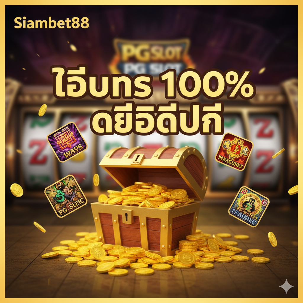 这张图重点突出 Siambet88 的“促销和奖金”优势。画面中心是一堆溢出的金币、一个打开的礼品盒以及几个知名的 PG Slot 游戏图标(如麻将或埃及寻宝)。在这些元素之上,用醒目的字体显示 "โบนัส 100%" (100% 奖金) 和 "เครดิตฟรี" (免费积分) 的泰语字样。背景是模糊的、充满活力的老虎机转盘。整体色彩以金色和红色为主,营造出一种奢华、丰富且令人兴奋的氛围。