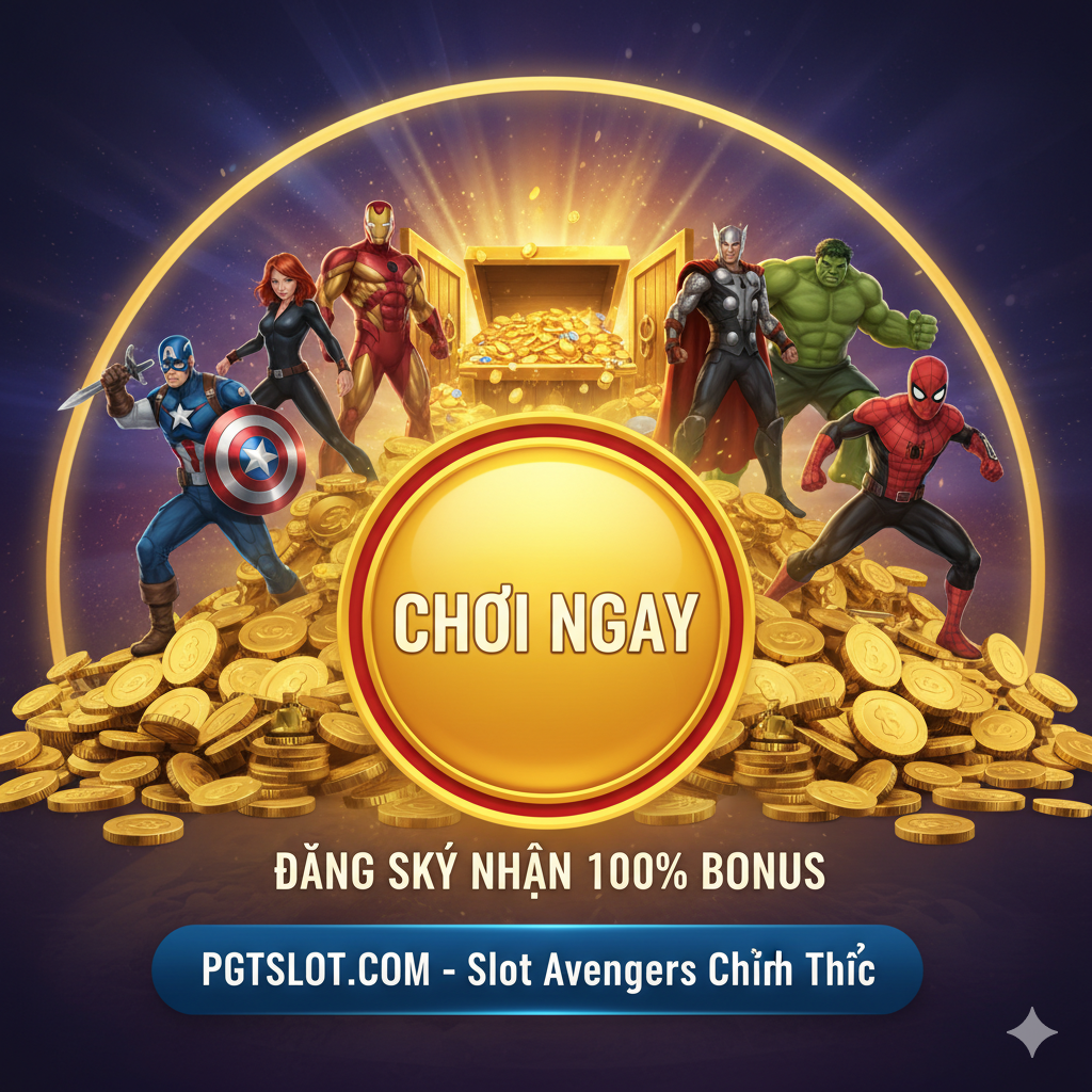 Một hình ảnh kêu gọi hành động (CTA) nổi bật, có nút lớn 'CHƠI NGAY' hoặc 'ĐĂNG KÝ NHẬN 100% BONUS', trên nền là kho báu hoặc cảnh chiến thắng của siêu anh hùng.