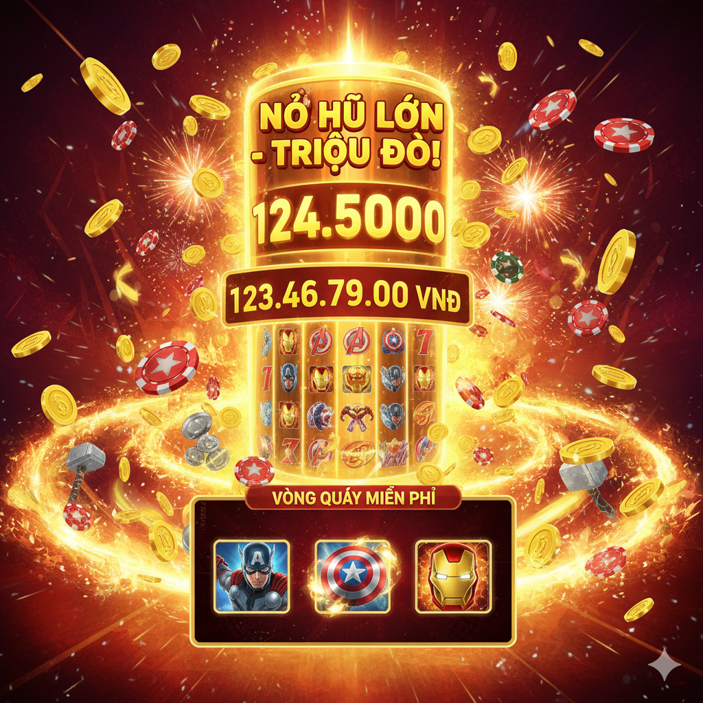 Hình ảnh tập trung vào tính năng Jackpot lũy tiến (Progressive Jackpot) với con số giải thưởng khổng lồ, được bao quanh bởi ánh sáng vàng và biểu tượng Free Spin được kích hoạt, truyền tải sự phấn khích khi 'NỔ HŨ LỚN'.