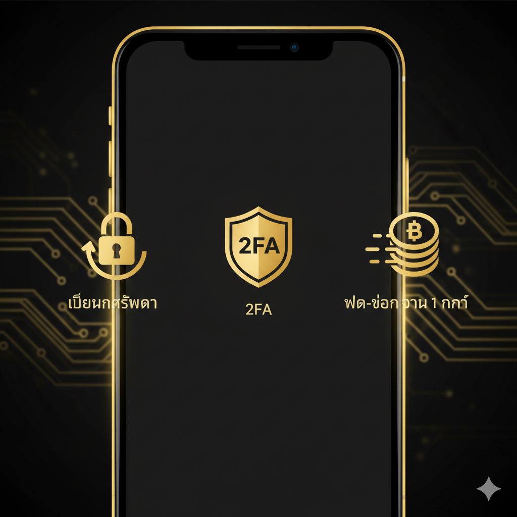 功能图片,以泰语界面风格展示pgtslot.com的核心安全特性。画面中心是一个放大的智能手机屏幕截图,显示了三个关键的安全图标:1. 一个小锁和箭头组成的更新图标,代表'เปลี่ยนรหัสผ่าน'(更换密码)。2. 一个带'2'字样的盾牌图标,代表'2FA'。3. 一个快速闪烁的泰铢或金币符号,代表'ฝาก-ถอน ด่วน 1 นาที'(快速存取款)。整体色彩以pgtslot.com的主色调(如金色和黑色)为主,营造出高效、值得信赖的数字服务氛围。构图清晰,突出三个关键点。