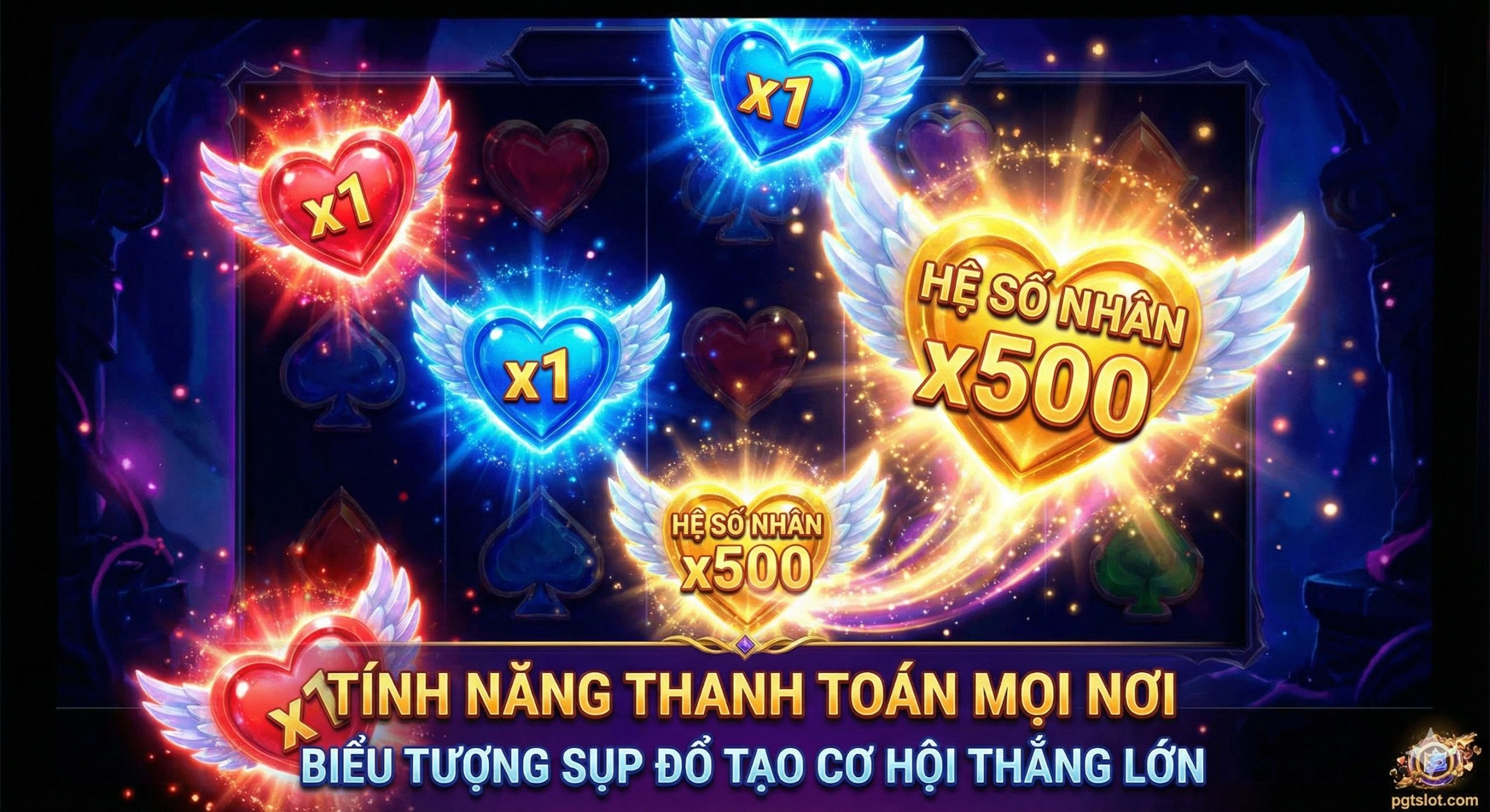 A close-up visual detailing the special 'Pay Anywhere' mechanics and Multiplier symbols of the slot game. The image highlights winged heart icons in red, blue, and gold glowing with intense magical energy, showing multiplier values like x500. Sparkles and light effects emphasize the 'Tumble' feature where symbols cascade down. The style is dynamic and exciting, showcasing the high-potential payouts of the game.