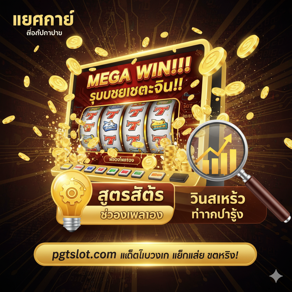 รูปภาพสรุปเพื่อเสริมแนวคิด “แตกง่าย” และ “สูตรลับ” การออกแบบหน้าจอแสดงช่วงเวลาที่สล็อตแมชชีนได้รับรางวัลแจ็คพอตใหญ่ (Mega Win) โดยมีเหรียญทองพุ่งออกมาจากหน้าจอ สร้างความรู้สึกแบบไดนามิกอย่างแรง ข้างๆ มีไอคอนหลอดไฟที่ส่องแสงวาบหรือแว่นขยายที่กำลังวิเคราะห์กราฟ แสดงถึงเคล็ดลับของ “สูตรสล็อต” และ “ช่วงเวลาทอง” สไตล์โดยรวมต้องมีความน่าเชื่อถือ บอกเป็นนัยว่าผู้ใช้สามารถได้รับเคล็ดลับวงในผ่าน pgtslot.com เพื่อให้ได้ผลตอบแทนสูง สีที่ใช้มีความคมชัดสูง เน้นที่จุดที่น่าตื่นเต้นของการชนะเงิน