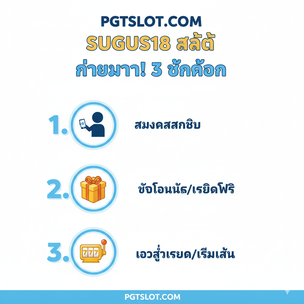 รูปภาพแนะนำการสอน แสดงขั้นตอน “สมัคร” และ “ล็อกอิน” รูปภาพใช้รูปแบบแผนภูมิข้อมูลแบบทีละขั้นตอน (1-2-3) ขั้นตอนที่ 1 คือไอคอน “สมัครสมาชิก” (เช่น ภาพเงาของผู้ที่ถือโทรศัพท์มือถือ) ขั้นตอนที่ 2 คือไอคอน “รับโบนัส/เครดิตฟรี” (เช่น กล่องของขวัญ) ขั้นตอนที่ 3 คือไอคอน “เข้าสู่ระบบ/เริ่มเล่น” (เช่น คันโยกสล็อตแมชชีน) พื้นหลังใช้สีขาวหรือสีอ่อนสะอาดตา พร้อมข้อความแนะนำสั้นๆ ในภาษาไทย เพื่อให้ข้อมูลที่สื่อสารมีความชัดเจน สไตล์โดยรวมเป็นมิตรและเข้าใจง่าย เน้นที่ “ง่ายมาก! 3 ขั้นตอน”