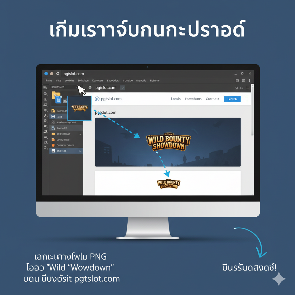 ภาพแสดงขั้นตอนการนำไฟล์ PNG ไปใช้งานในการโปรโมท (สำหรับพันธมิตร/Affiliate) จัดวางในรูปแบบของการสร้างแบนเนอร์หรือสื่อโซเชียล มีฉากหลังเป็นหน้าจอคอมพิวเตอร์หรือโปรแกรมออกแบบ (เช่น Photoshop) แสดงให้เห็นการลากและวาง (Drag & Drop) 'โลโก้ wild bounty showdown png' ที่ถูกตัดพื้นหลังแล้ว ลงบนภาพพื้นหลังของเว็บไซต์ 'pgtslot.com' เน้นการใช้ลูกศรหรือเส้นประที่มองเห็นได้ชัดเจนเพื่อชี้ไปยังผลลัพธ์ที่ดูเป็นมืออาชีพ ใช้โทนสีน้ำเงินและเทาเพื่อให้ดูเป็นภาพ 'การทำงาน' หรือ 'Tutorial' ที่เชื่อถือได้