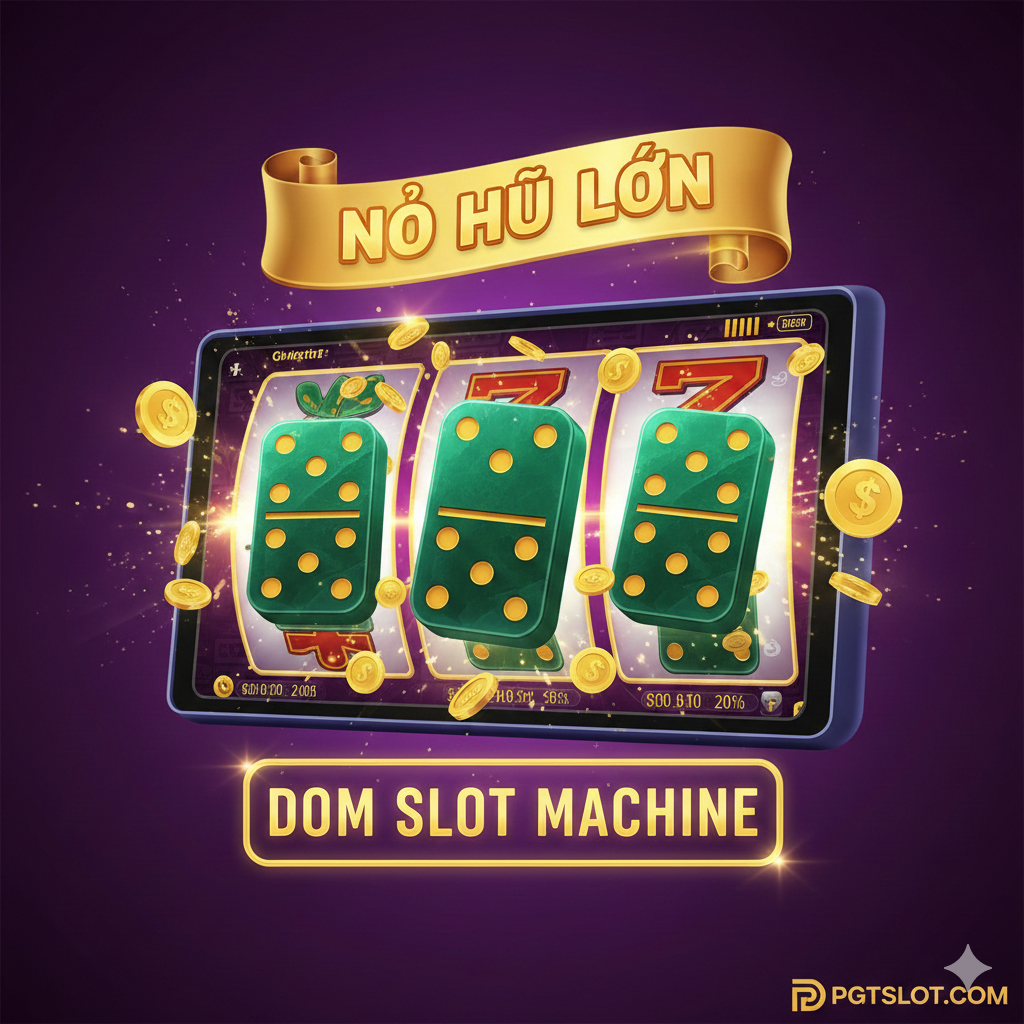 A vibrant and luxurious casino-themed cover image featuring a high-tech digital slot machine interface. The central focus is on a lucky jackpot win with golden coins and 3D domino tiles flying towards the viewer. The background uses a deep purple and gold color scheme consistent with the PGTSLOT branding. Bold Vietnamese text 'DOM SLOT MACHINE' and 'NỔ HŨ LỚN' are artistically integrated with glowing neon effects. Cinematic lighting and high-definition textures create a premium gaming atmosphere.