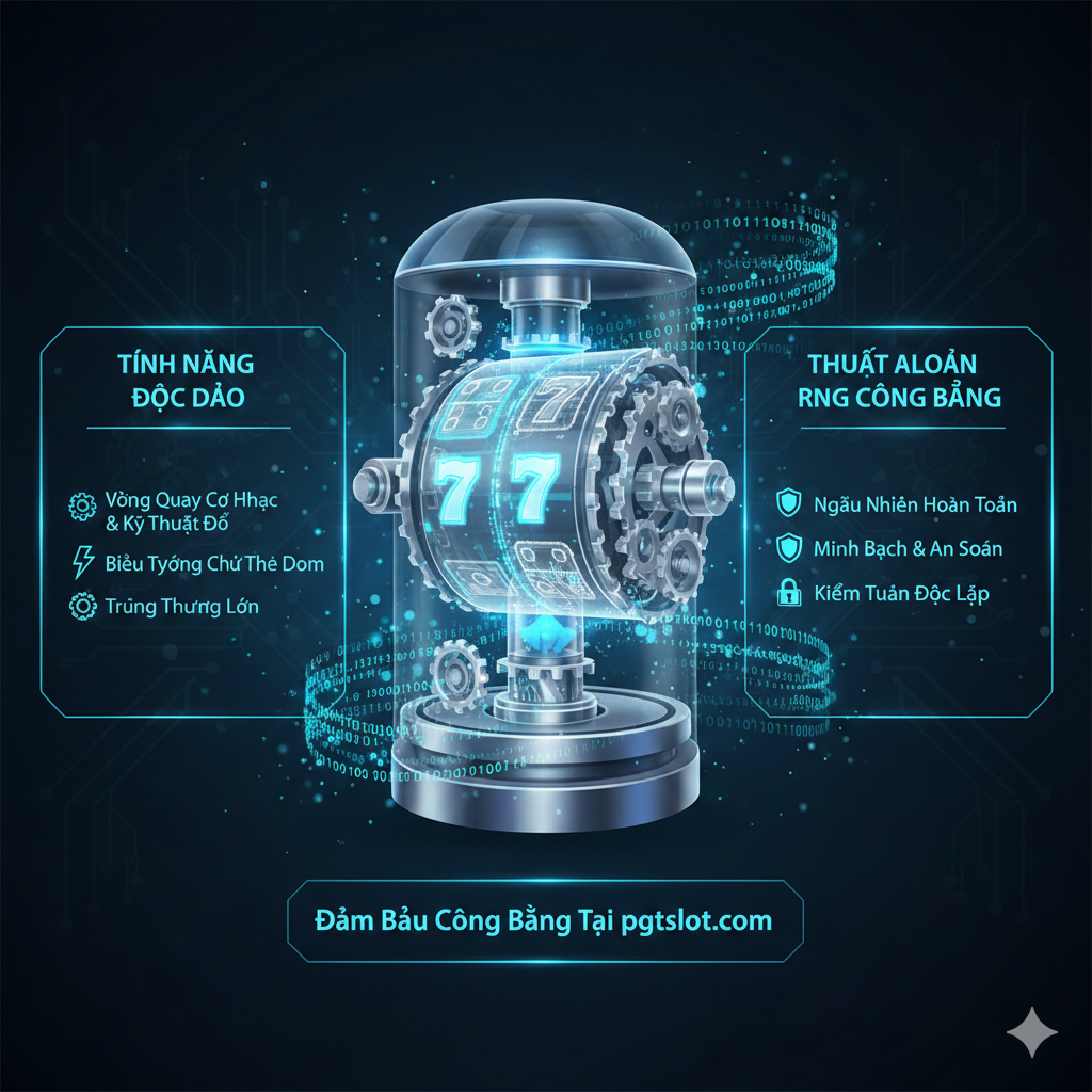 An infographic-style illustration demonstrating the technical features of the Dom Slot Machine. It showcases a transparent view of a mechanical reel combined with digital binary code representing the RNG (Random Number Generator) algorithm. Symbols include domino-themed slot icons and lucky 7s. The style is modern and clean, using blue and cyan neon tones to emphasize fairness, transparency, and high-tech security. The layout is balanced with plenty of space for visual clarity.