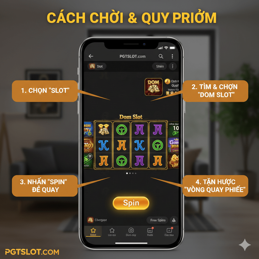 A detailed step-by-step tutorial visual showing a smartphone screen with the PGTSLOT mobile interface. The image displays the process of selecting the 'Slot' category and finding the 'Dom Slot' game. Helpful UI elements like a glowing 'Spin' button and 'Free Spins' indicators are highlighted. The setting is a cozy, modern indoor environment with soft focus in the background, making the mobile screen the hero of the composition. Bright, inviting colors like orange and yellow are used for call-to-action elements.