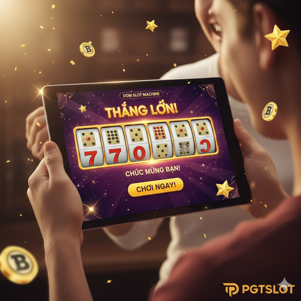 A concluding image capturing the excitement of winning. It shows a 'Big Win' notification on a tablet device held by a happy player (partially visible). The screen displays the Dom Slot Machine results with a full line of matching domino symbols. Particles of light, golden stars, and floating slot machine symbols fill the space to evoke a sense of celebration. The PGTSLOT logo is discreetly placed in the corner to reinforce brand recall. The lighting is warm and triumphant.