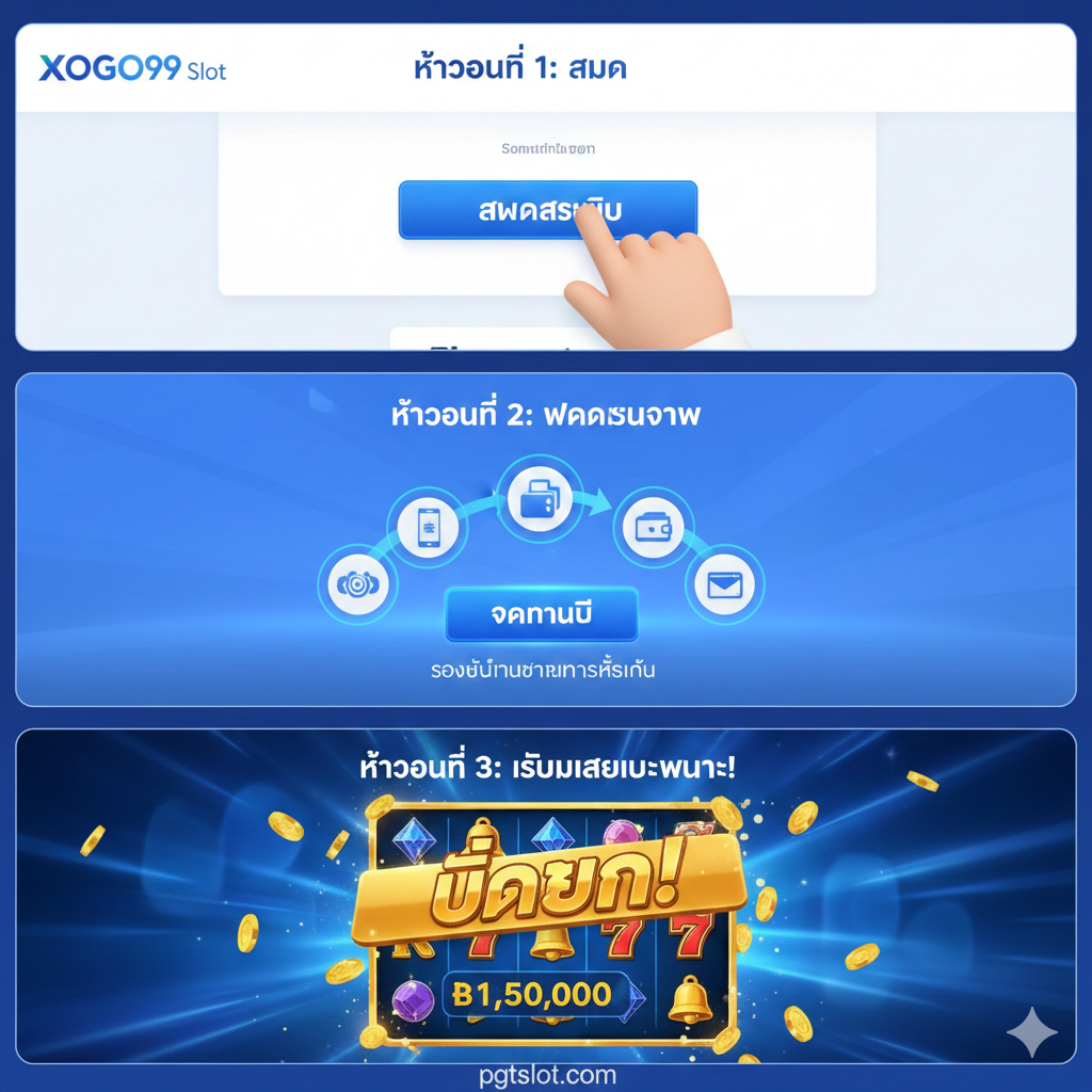 A clear, three-step visual guide for playing xogo99 slot. Step 1 shows a finger clicking a registration button on a modern website interface. Step 2 illustrates a fast deposit process with digital wallet icons. Step 3 shows a winning 'Big Win' screen with cascading coins. The style is clean, modern, and uses a professional blue and white color palette to symbolize ease of use.